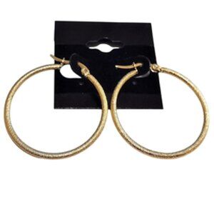 1 1/4 Inch 36mm Frosted Hoop Pierced Post Earrings Gold Tone 2mm Thick